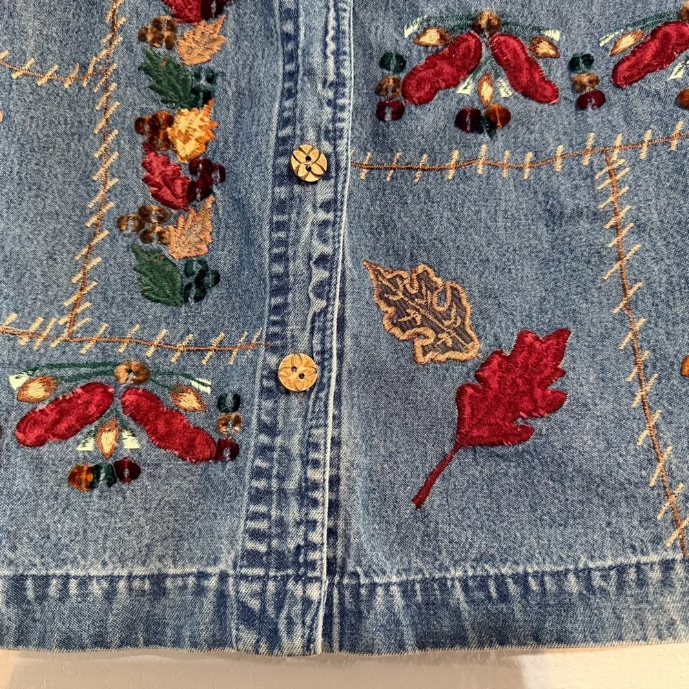 Vtg Embroidered Button Front Denim Vest Size Large Leaves Patchwork Velvet Fall - Picture 4 of 8